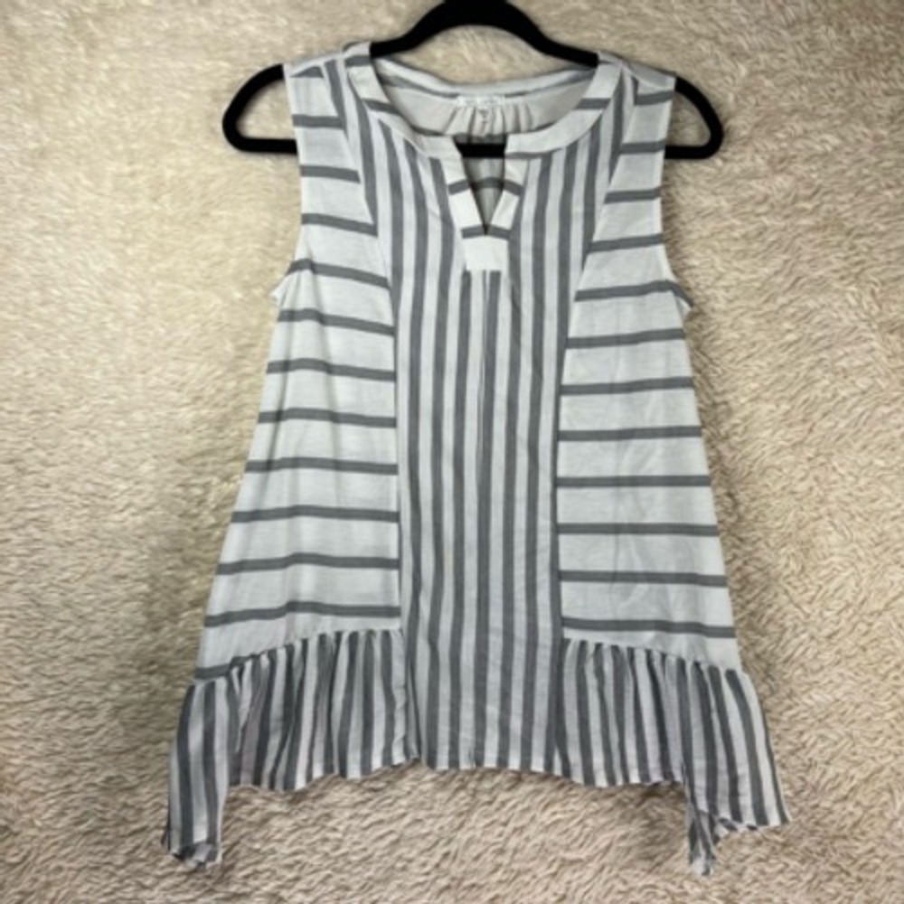 Ava James Womens Blouse Tank White Gray Striped‎ Sleeveless Notch Neck S - Picture 6 of 12